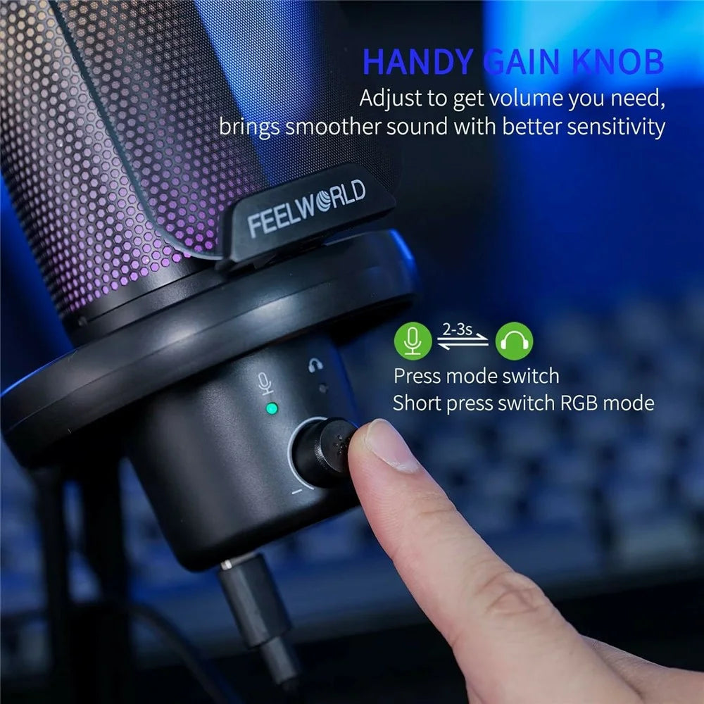 FEELWORLD VM1-XS USB Gaming Microphone Condenser Cardioid Pickup Mic with RGB Light Desktop Stand - Black - 2