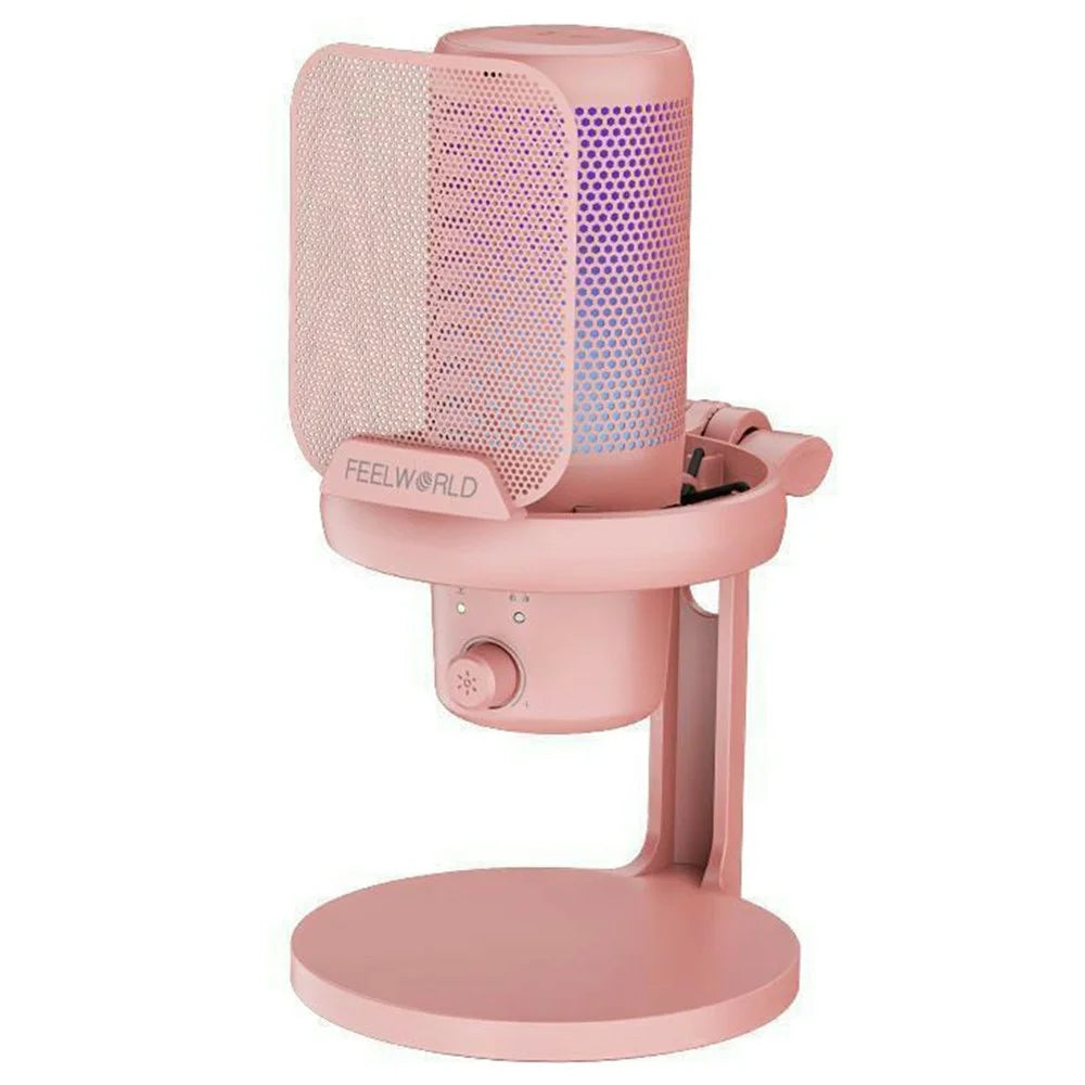 FEELWORLD VM1-XS-P USB Gaming Microphone One Touch Mute / Noise Cancellation RGB Light Cardioid Desktop Stand - Pink - 2