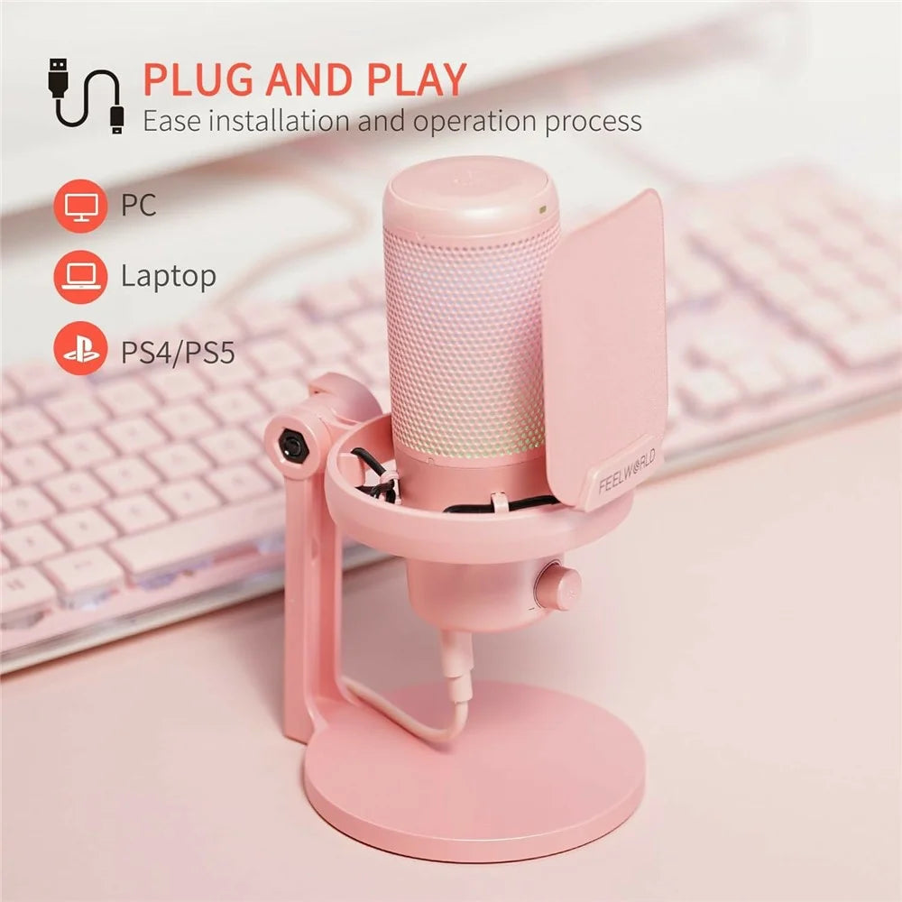 FEELWORLD VM1-XS-P USB Gaming Microphone One Touch Mute / Noise Cancellation RGB Light Cardioid Desktop Stand - Pink - 3