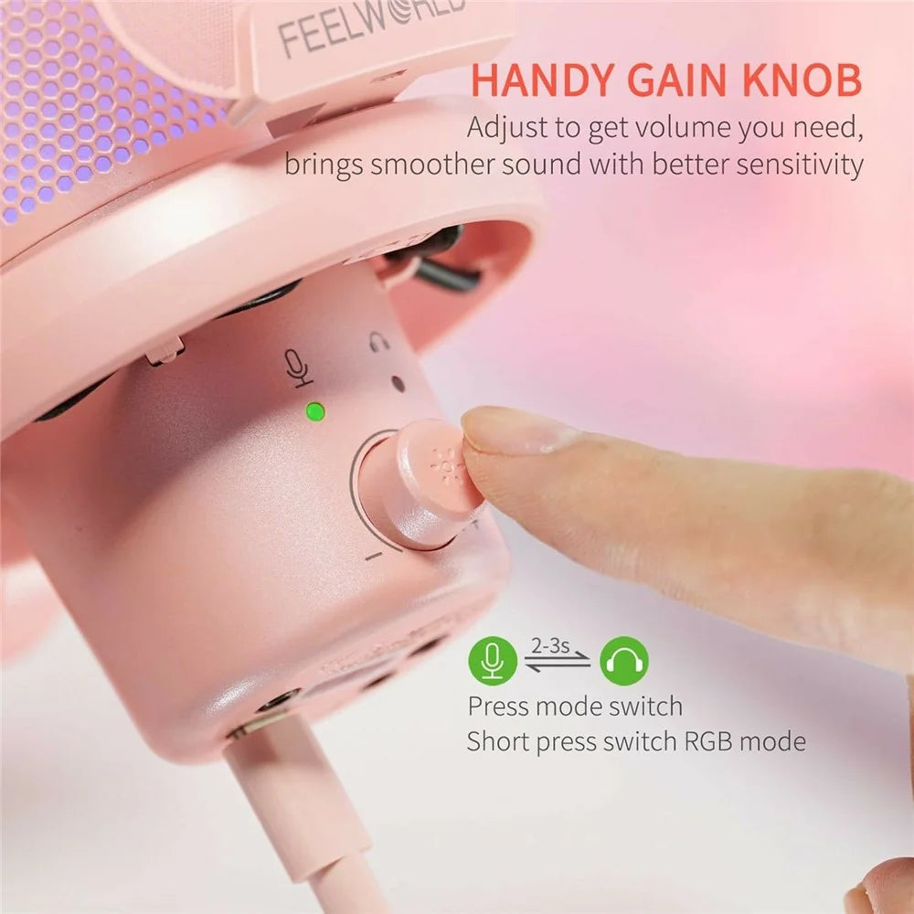 FEELWORLD VM1-XS-P USB Gaming Microphone One Touch Mute / Noise Cancellation RGB Light Cardioid Desktop Stand - Pink - 4