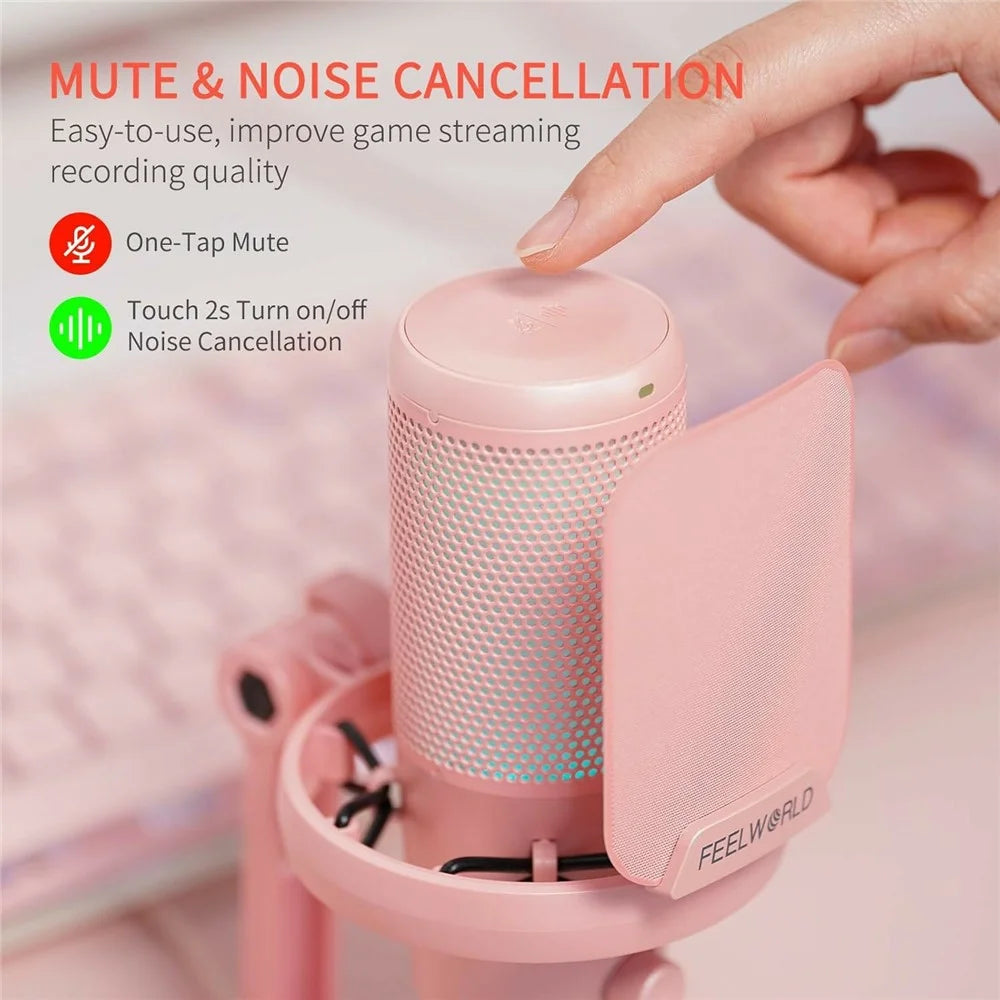FEELWORLD VM1-XS-P USB Gaming Microphone One Touch Mute / Noise Cancellation RGB Light Cardioid Desktop Stand - Pink - 5