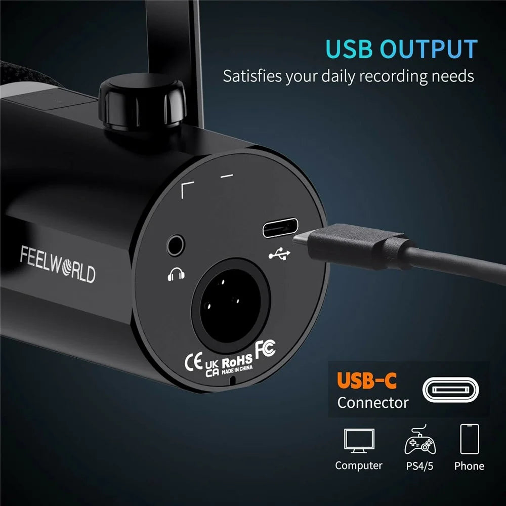 FEELWORLD PM1 Dynamic Microphone XLR / USB Podcast Gaming Streaming Recording Mic with RGB Lighting - Black - 4