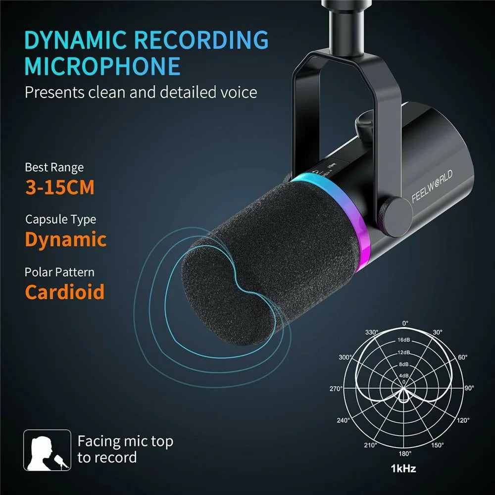 FEELWORLD PM1 Dynamic Microphone XLR / USB Podcast Gaming Streaming Recording Mic with RGB Lighting - Black - 6