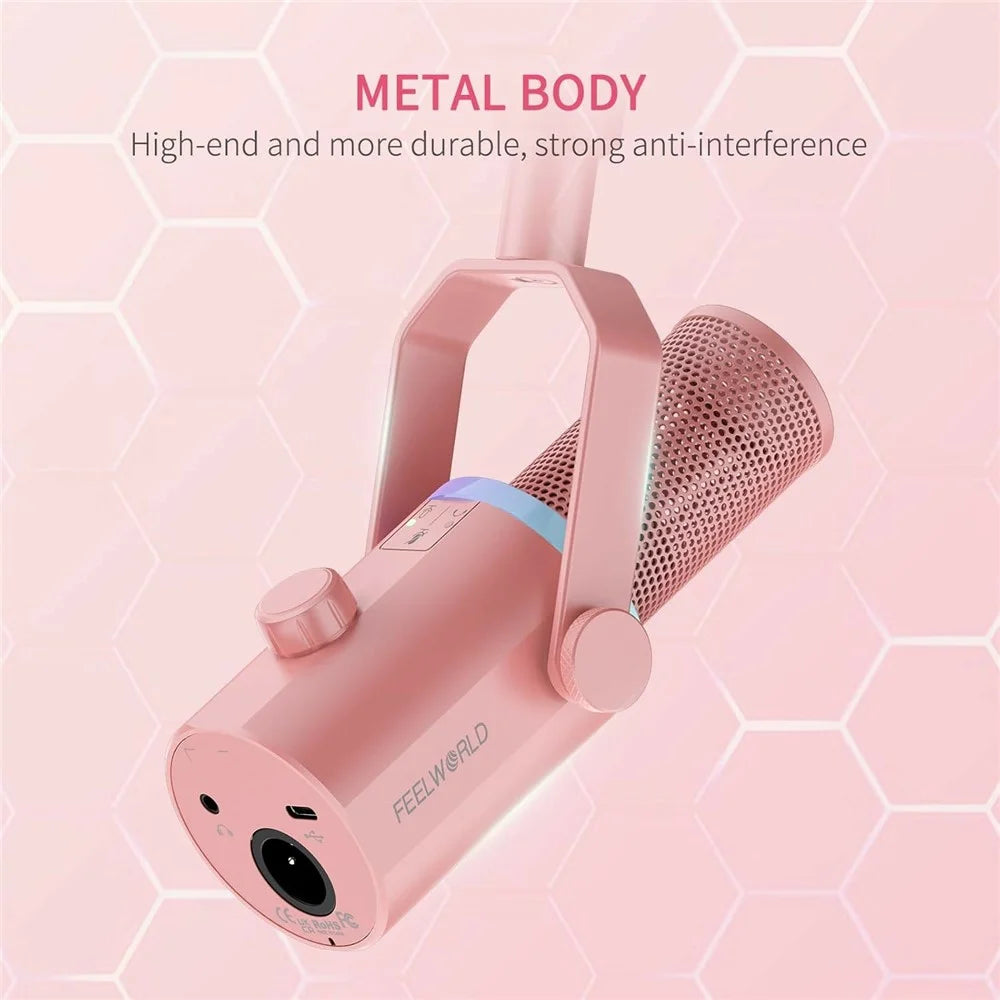 FEELWORLD PM1-P Dynamic Microphone XLR / USB Podcast Gaming Streaming Recording Mic with RGB Lighting - Pink - 3