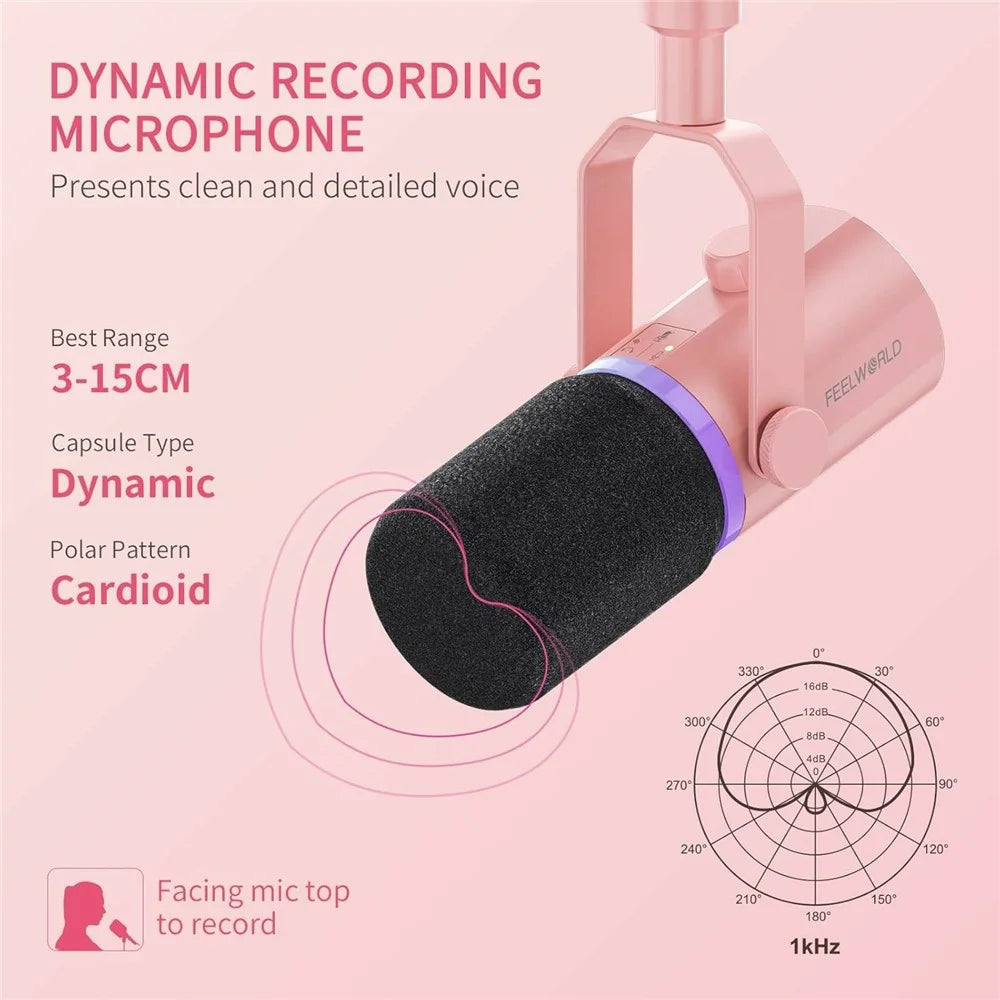 FEELWORLD PM1-P Dynamic Microphone XLR / USB Podcast Gaming Streaming Recording Mic with RGB Lighting - Pink - 6