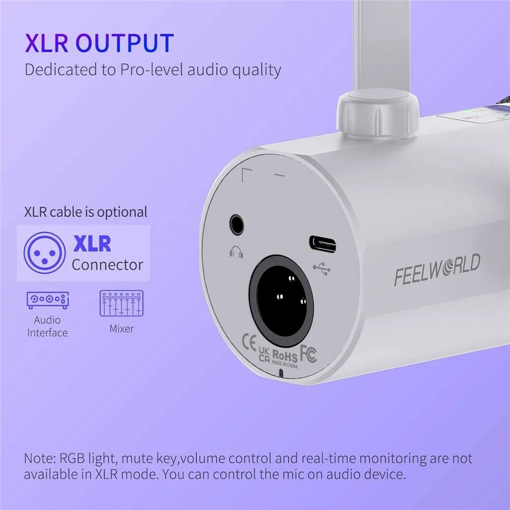 FEELWORLD PM1-W Dynamic Microphone XLR / USB Podcast Gaming Streaming Recording Mic with RGB Lighting - White - 3
