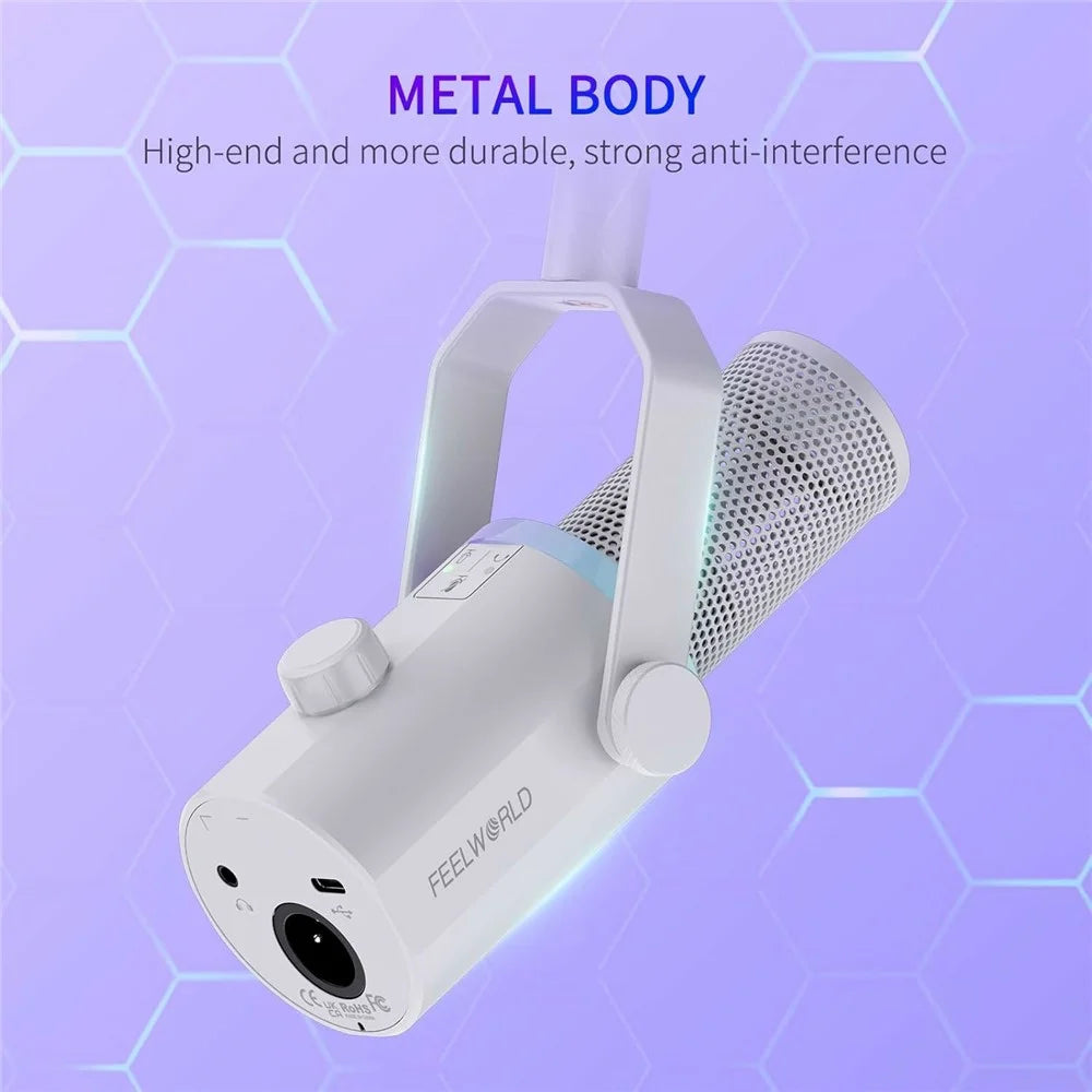 FEELWORLD PM1-XS-W XLR  /  USB Dual Output Desktop Mic for Recording  /  Gaming  /  Streaming Professional Dynamic Microphone - White - 4