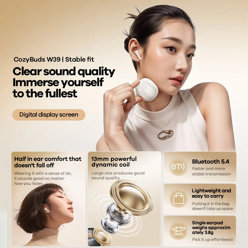 REMAX Cozybuds W39 TWS Earphones Digital Display Wireless Bluetooth-compatible 5.4 Stereo Earbuds with Charging Case - White - 2