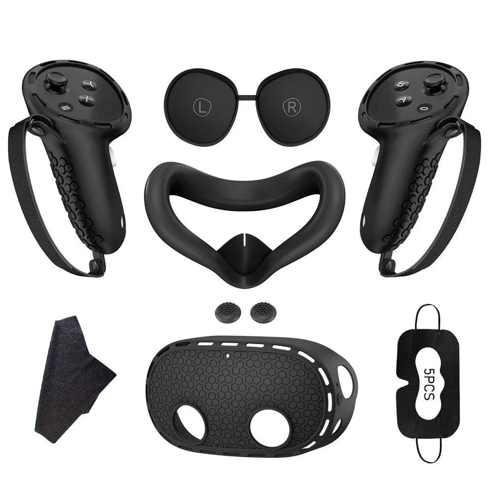For Meta Quest 3S Silicone Accessory Set with VR Headset Cover  /  Controller Grips  /  Face Mask - Black - 1