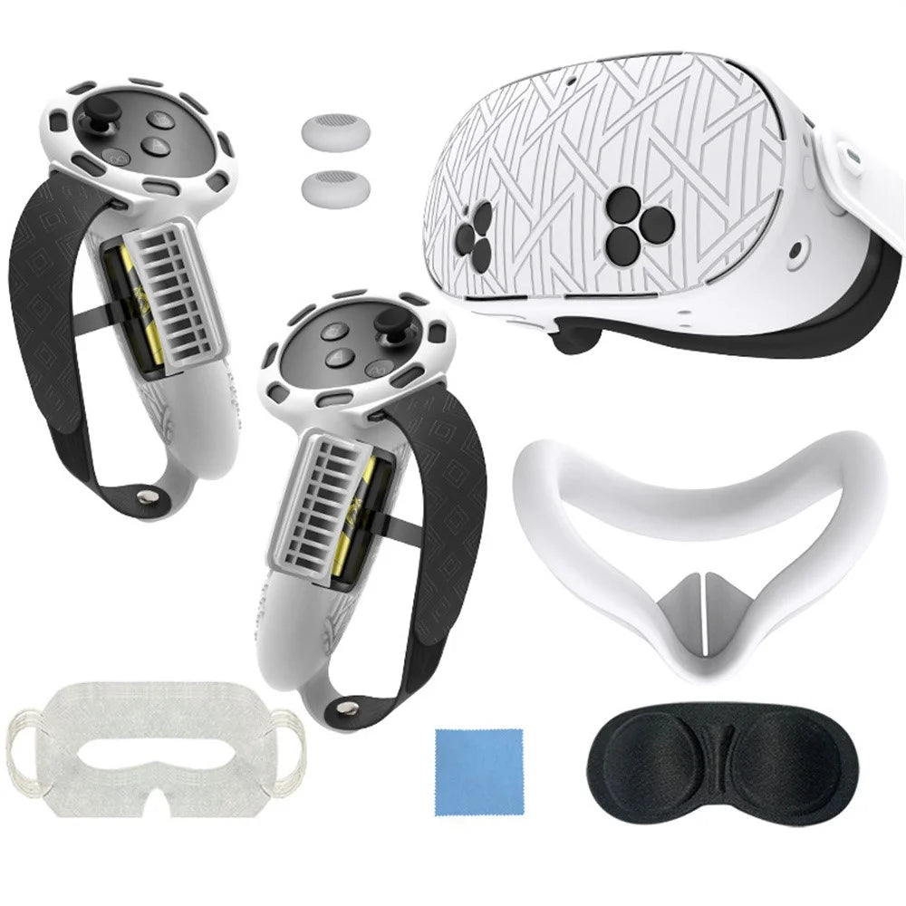 7Pcs Silicone Protective Case Set for Meta Quest 3S VR Headset Controller Grip Cover with Anti-Drop Damping Wavepoint Design - White - 1