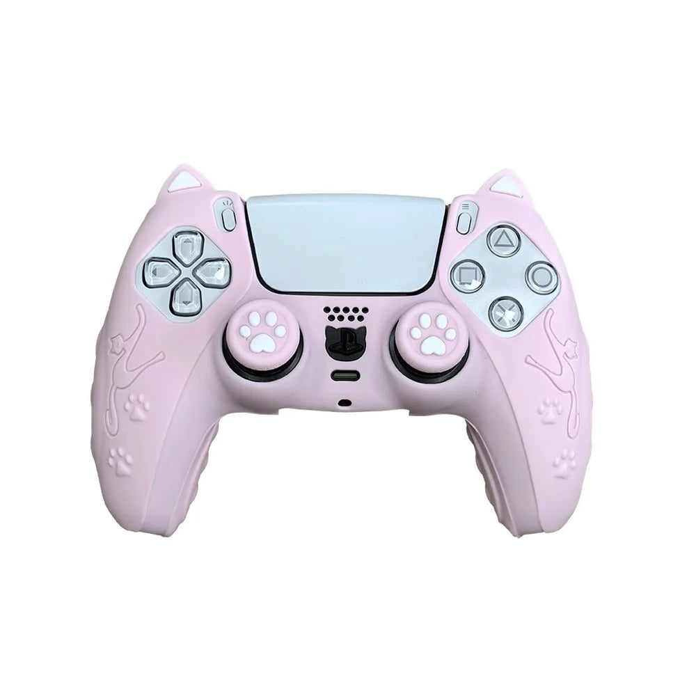 For Sony PlayStation 5 Silicone Case Cat Ears Design Controller Cover with Thumb Stick Caps - Pink - 1