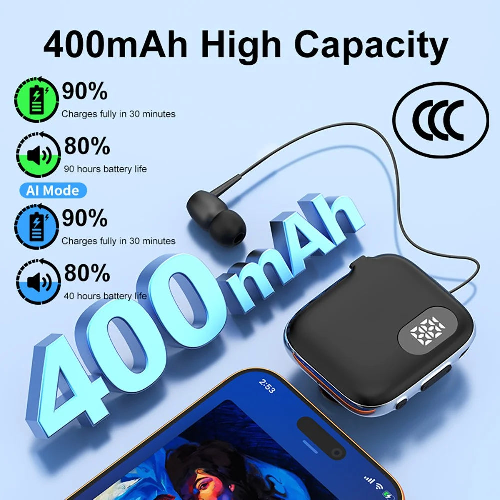K91 In-Ear AI Retractable Bluetooth-compatible 6.0 Wireless Earphones LED Display ENC Noise Cancelling Clip-On Headset for Business Sports - Black  /  Grey - 4