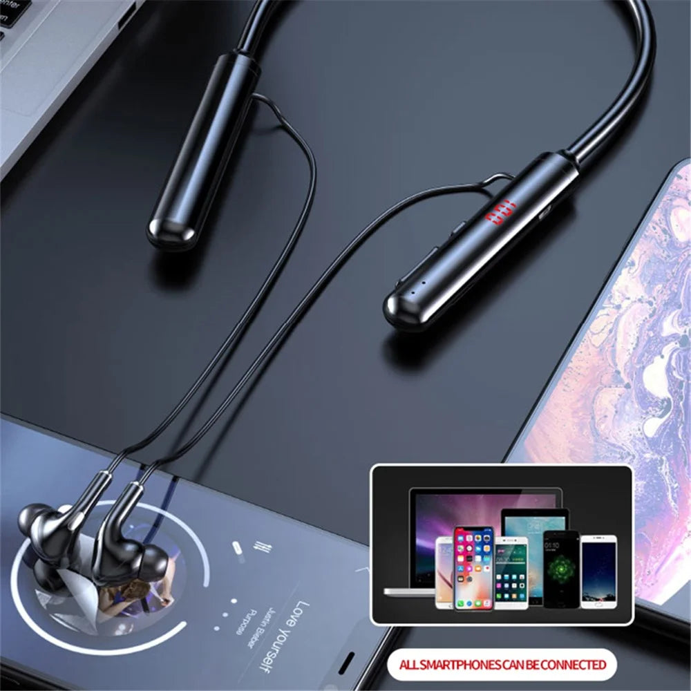960 Bluetooth-compatible 5.0 Earphone Sports Neckband Headphone Bass Stereo Power LED Display Noise Cancelling Headset Support TF Card - Black - 4