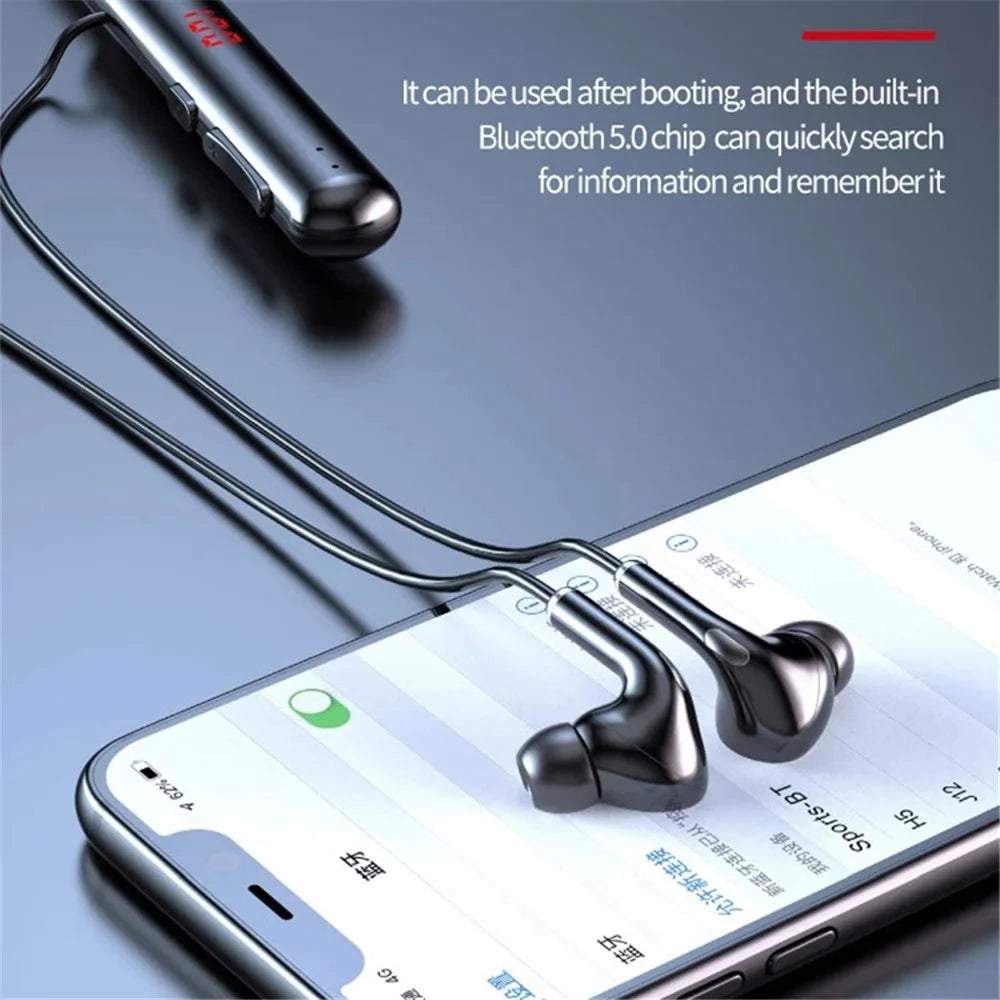 960 Bluetooth-compatible 5.0 Earphone Sports Neckband Headphone Bass Stereo Power LED Display Noise Cancelling Headset Support TF Card - Black - 5