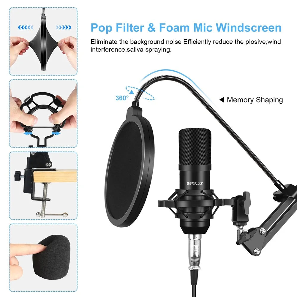 PULUZ Podcast Microphone USB Sound Card Kit Professional Studio Live Sound Mixer with Long Arm for Streaming/Gaming/Recording/Singing/Tiktok/YouTube/PC/Computer - Black - 2