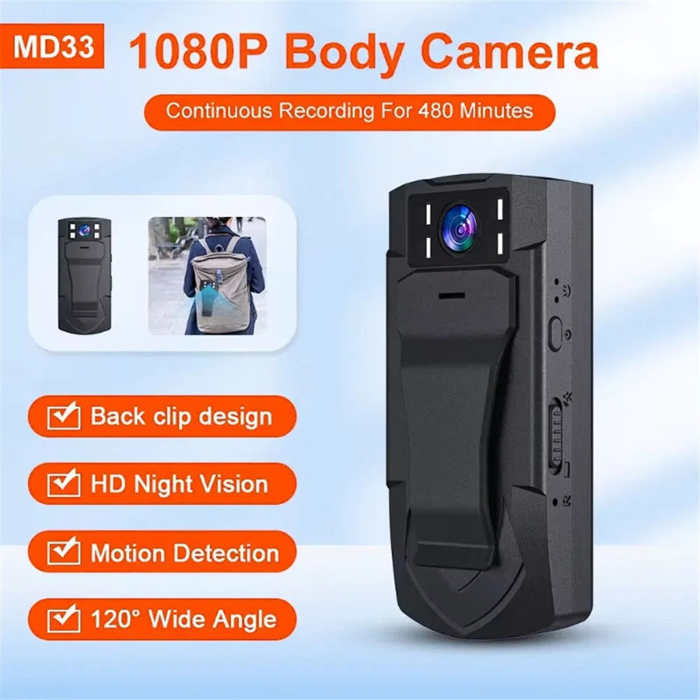 MD33 Mini Body Camera Back Clip Bodycam Outdoor Sports Video Recorder with Night Vision, Wide Angle - 2