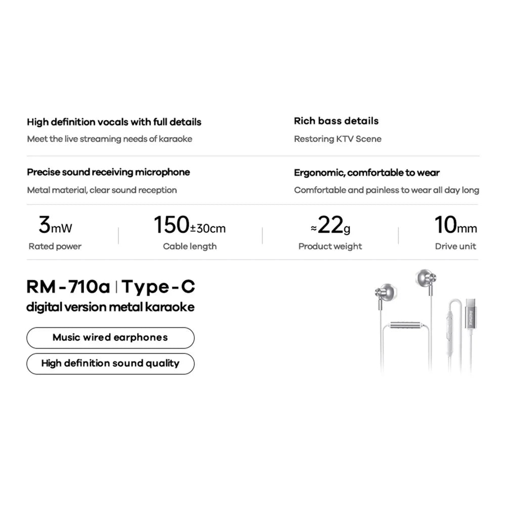 REMAX RM-710a Type-C Digital Wired Earphones Metal Music Headset with Microphone - 3