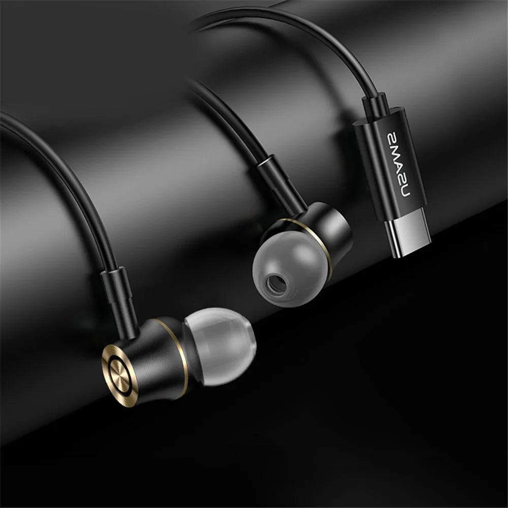 USAMS US-SJ482-EP-43 Type-C In-ear Metal Headsets Stereo Earphones, 1.2m - Black - 2