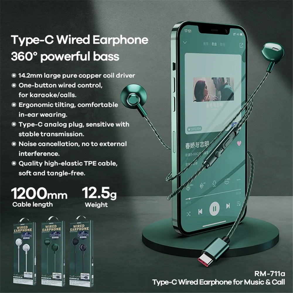REMAX RM-711a Music Call Mic Headphone Powerful Bass Type-C Wired Earphone - Green - 2