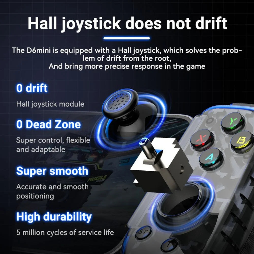D6mini Stretching Gaming Controller with Hall Joystick Dual Mode Bluetooth-compatible Wired Gamepad for Android iOS Switch PC - Black - 7