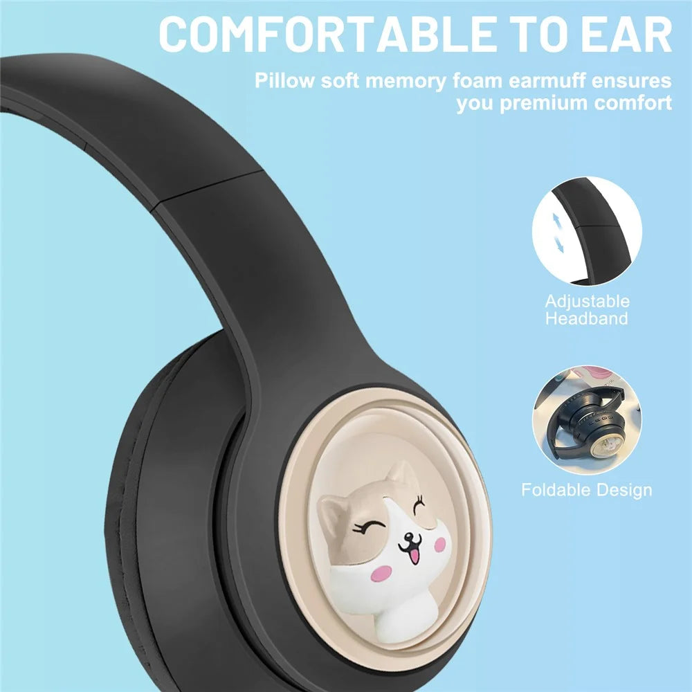 AKZ-06 Cartoon Animal Foldable Over-Ear Bluetooth-compatible Headphones Low Latency Gaming Headset - Black - 3