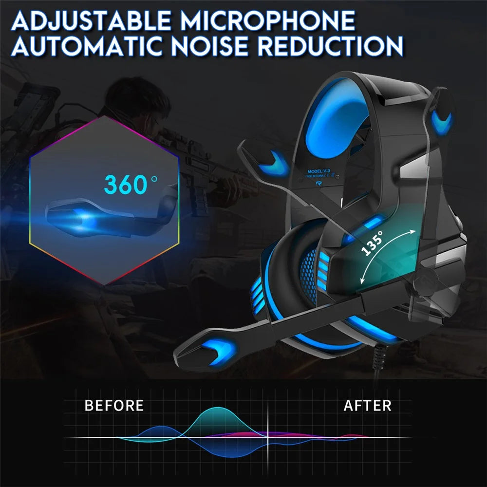KOTION EACH V-3 Wired Gaming Headset for PS4 / PS5 LED Light Heavy Bass Over-Ear Headphone with Adapter Cable - Black+Blue - 6