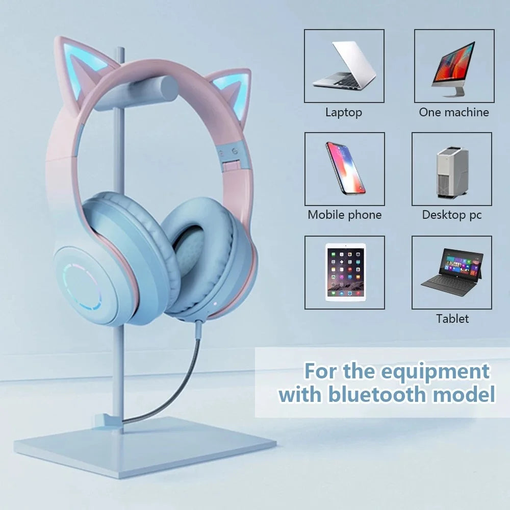 BT029C Bluetooth-compatible Wireless Headset with Detachable Mic RGB LED Adjustable Head-Mount Earphones Kids Stereo Music Cat Ear Folding Headphones - Blue - 6