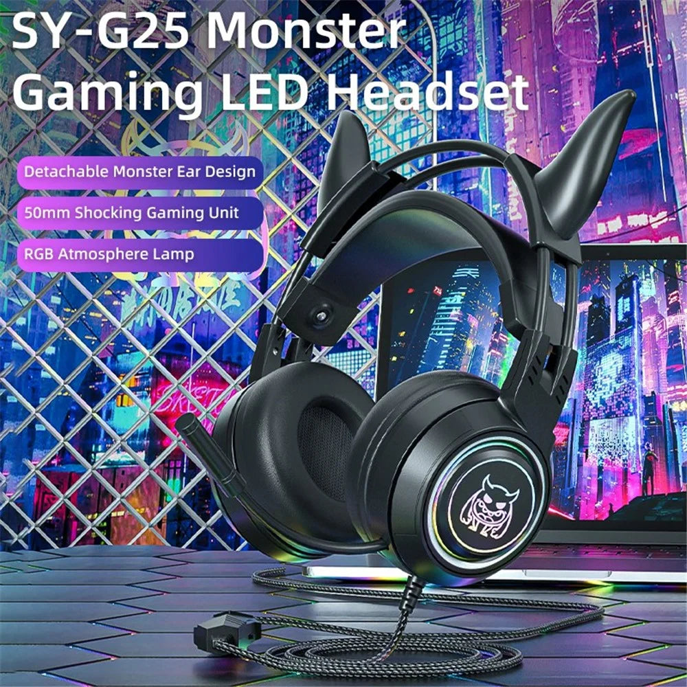 SY-G25 Devil Ears Design RGB Lighting Wired Control Gaming Earphone 3D Surround Sound Game Headset with HD Mic - Black - 3