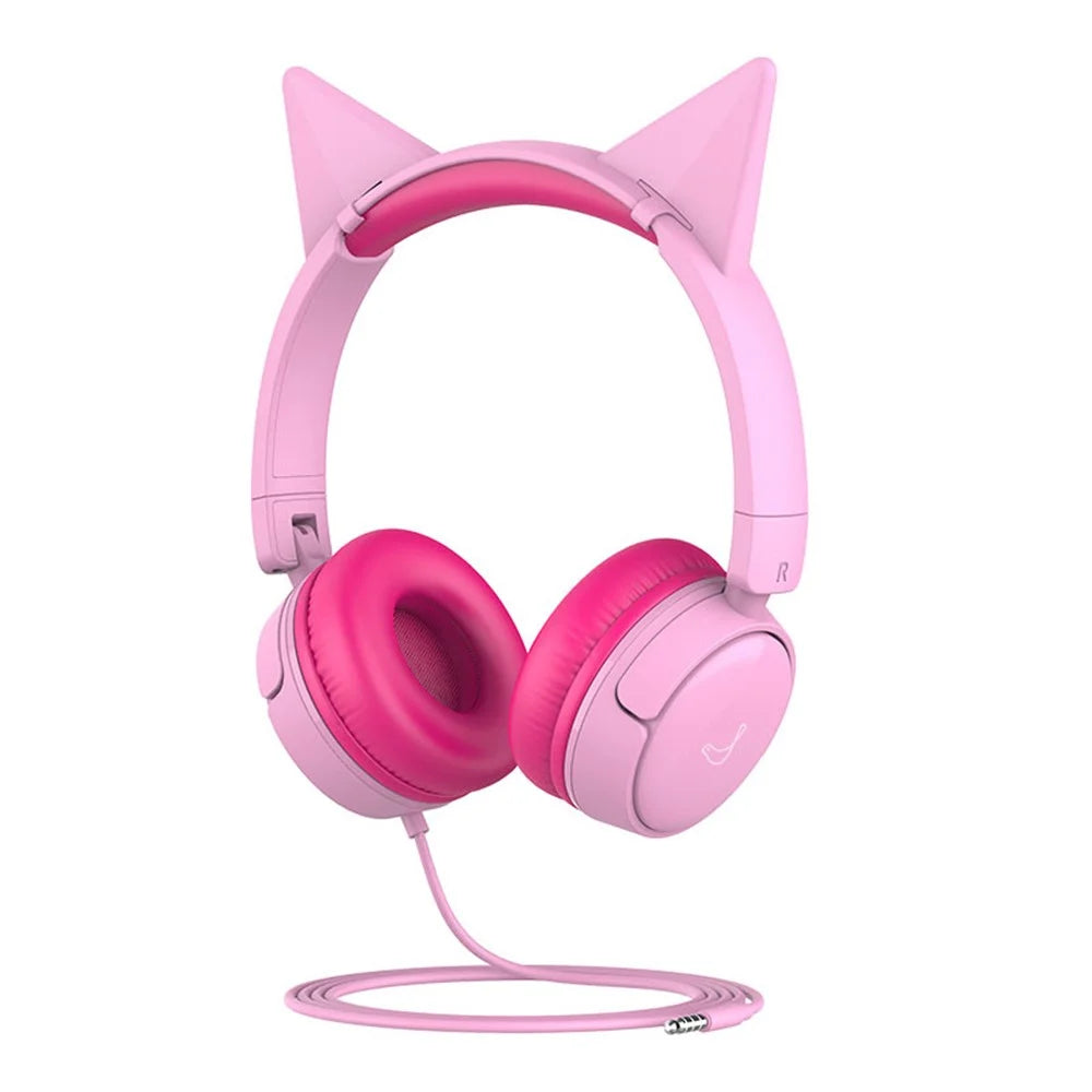 GORSUN GS-E62V Cat Ear Decor Folding Children Headphone Wired HiFi Earphone Over-ear Kid Headset - Pink - 1
