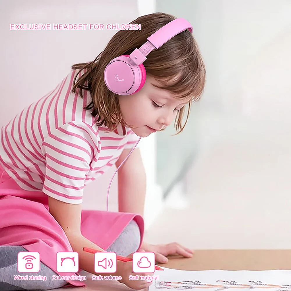 GORSUN GS-E62V Cat Ear Decor Folding Children Headphone Wired HiFi Earphone Over-ear Kid Headset - Pink - 2