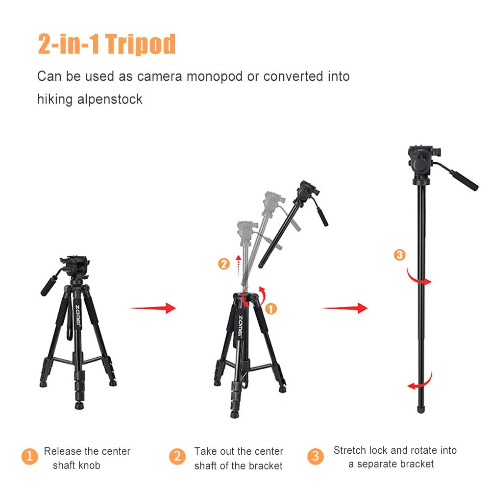 ZOMEI Q310 Photo Tripod Fluid Head Bracket 4-Section Large Size High Load-Bearing Mobile Phone Camera Universal, Black - 2