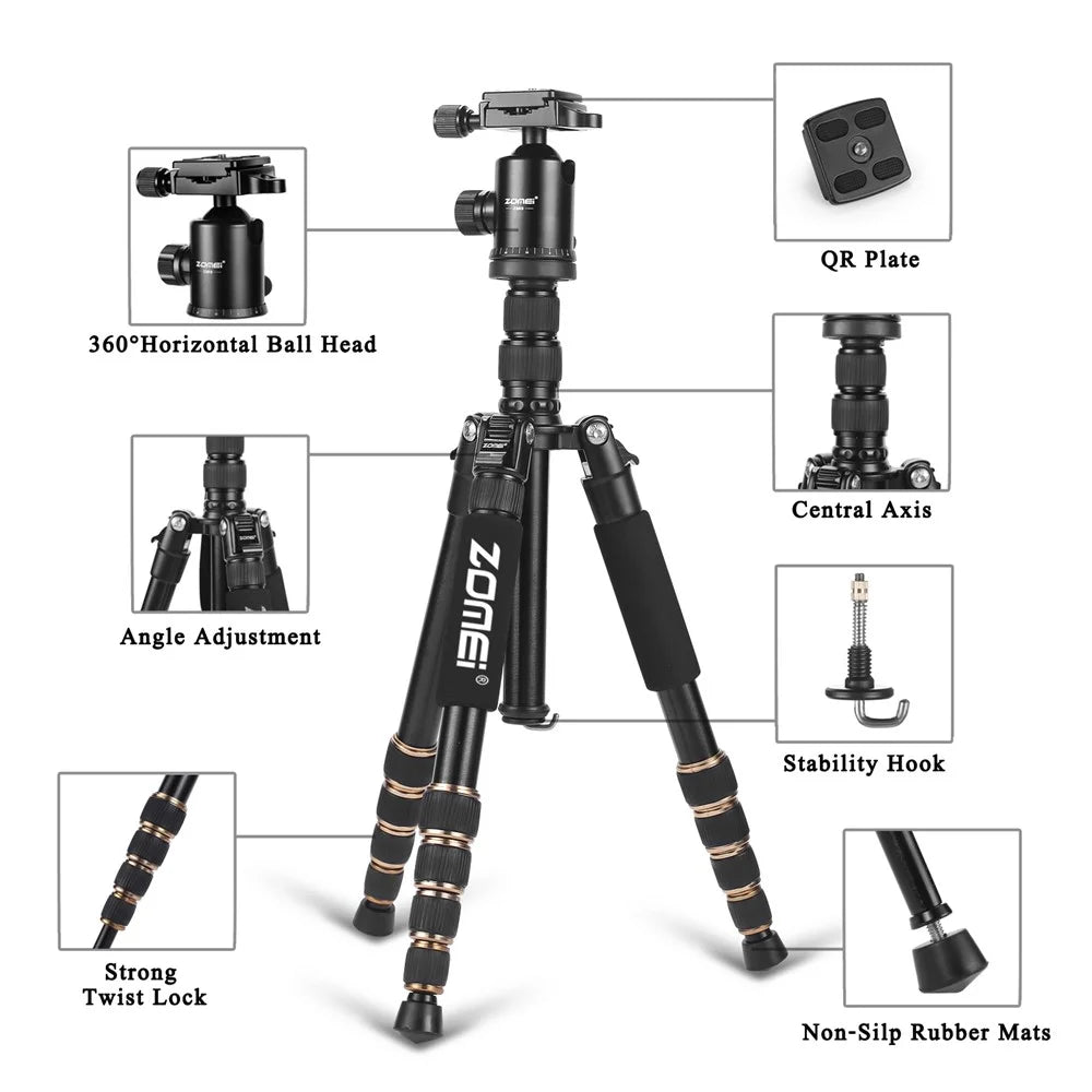 ZOMEI Z669 Camera Tripod 5-Section Legs Aluminum Alloy Multi-Function Bracket Ball Head, Black - 3