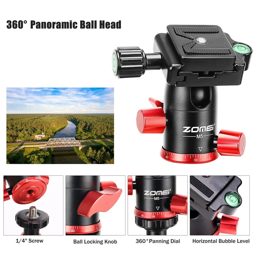 ZOMEI M5 Photo Camera Lightweight Travel Aluminum Tripod Monopod Compact Portable Photo 4-Section Tripod Stand, Black - 5