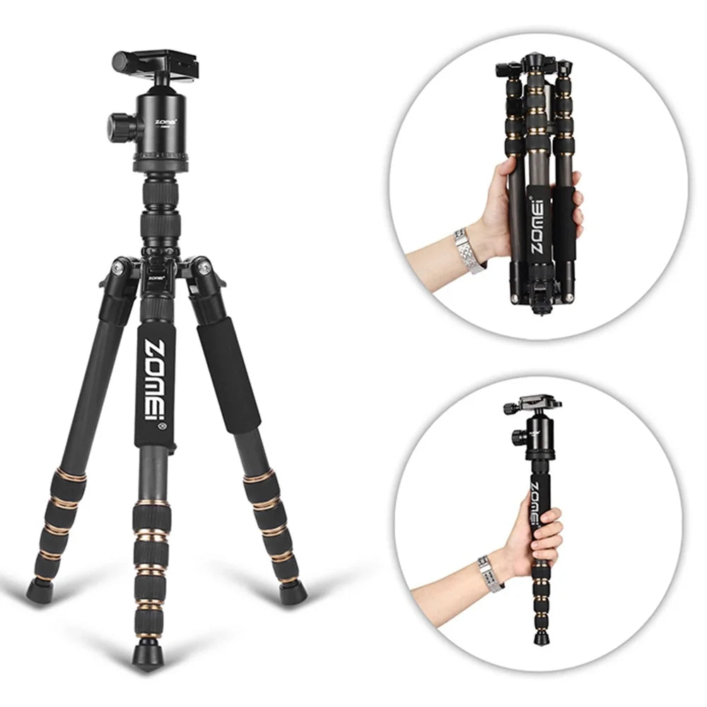 ZOMEI Z669C Photography Tripod SLR Camera Outdoor Floor 5-Section Stand Ball Head Carbon Fiber Tripod, Black - 1