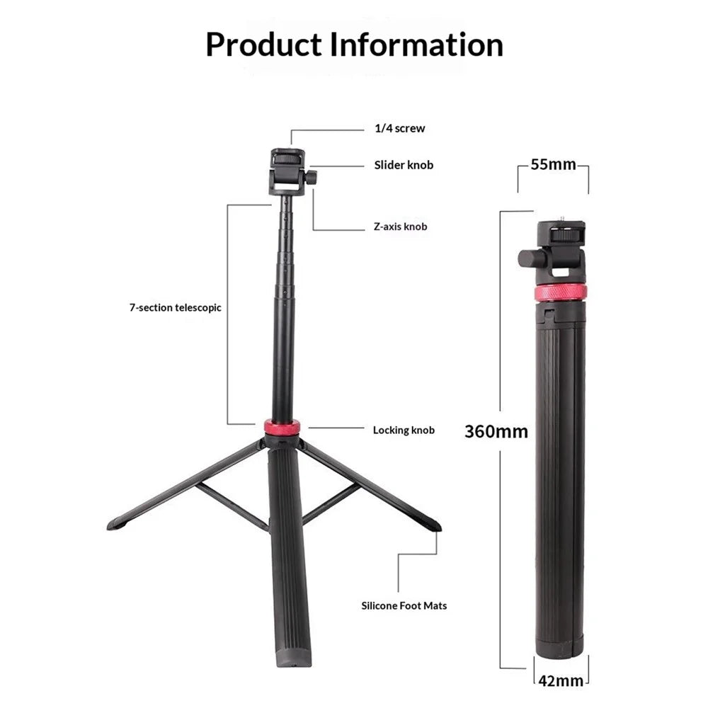 B060 7 Section Telescopic Camera Tripod 6.6ft Aluminum Alloy Portable Travel Stand with Phone Holder - Black - 6