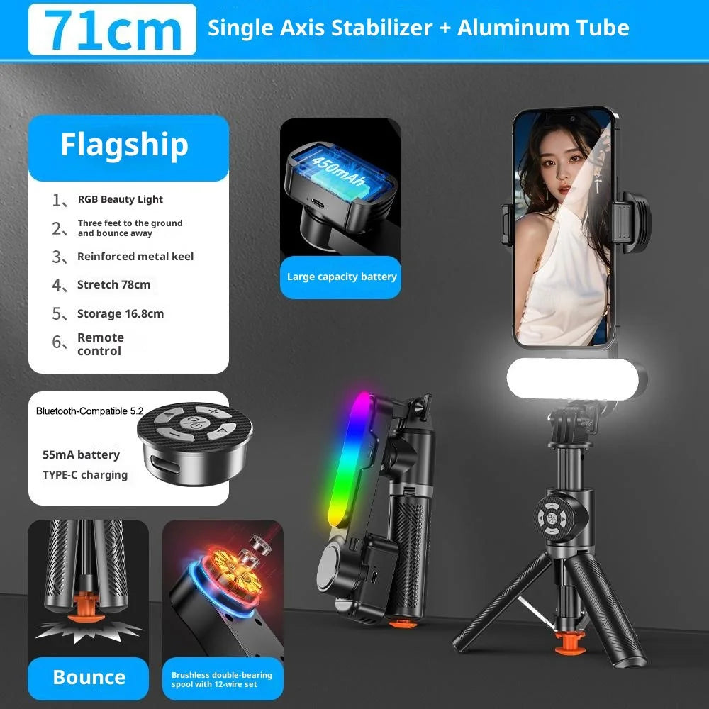 Q34 AI Anti-Shake Selfie Stick Gimbal Stabilizer RGB Beauty Light 71cm Extendable Phone Stand for Live Streaming - Black - 2