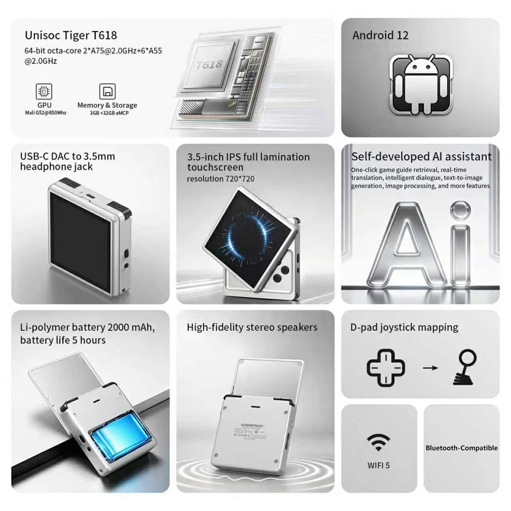 ANBERNIC RG Rotate Handheld Game Console 3.5 Inch IPS Touchscreen Aluminum Alloy Rotatable Screen Android 12 Gaming Device - Silver - 7