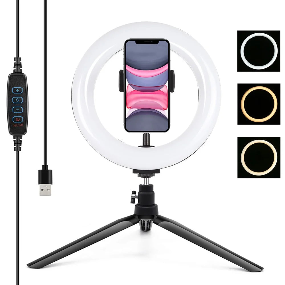 PULUZ PKT3073B 7.9-inch 20cm Ring Light + Desktop Tripod Mount USB 3 Modes Dimmable Dual Color Temperature Vlogging Selfie Photography LED Ring Lights with Phone Clamp - 1