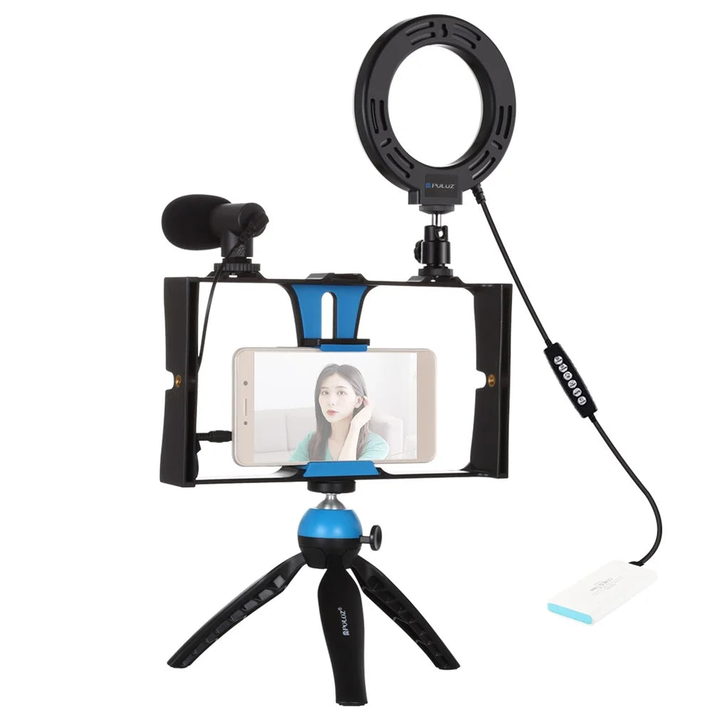 PULUZ PKT3085 Handheld Cage Frame Ring Light Set Cell Phone Photography Accessories with Tripod/Microphone for Live Streaming - Blue - 2