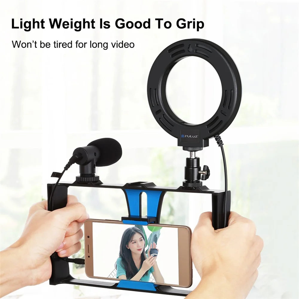 PULUZ PKT3085 Handheld Cage Frame Ring Light Set Cell Phone Photography Accessories with Tripod/Microphone for Live Streaming - Blue - 5