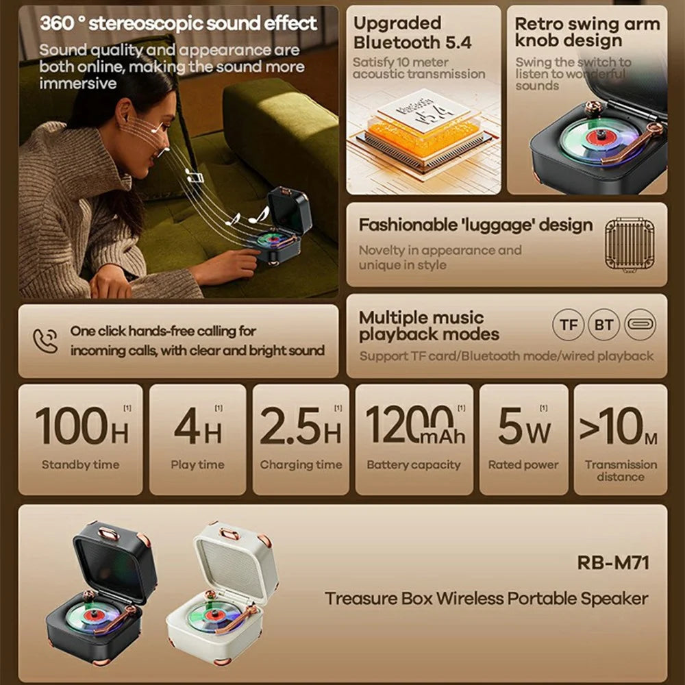 REMAX RB-M71 Portable Wireless Bluetooth-compatible Speaker Retro Suitcase Design Stereo Sound Speaker - Beige - 2