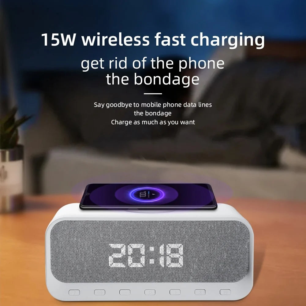 CYBORIS Bluetooth-compatible Speaker 15W Wireless Charger with LED Clock Alarm Function FM Radio Subwoofer - 5