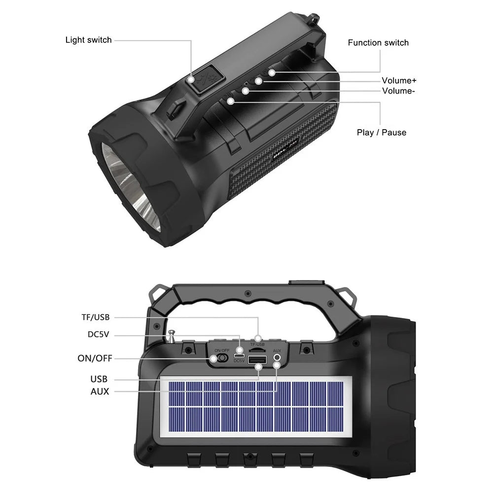 BDL-235 Portable Outdoor Solar Rechargeable Bluetooth-compatible Speaker LED Flashlight FM Radio Wireless Music Subwoofer Support TF / U-disk / AUX - Blue - 3