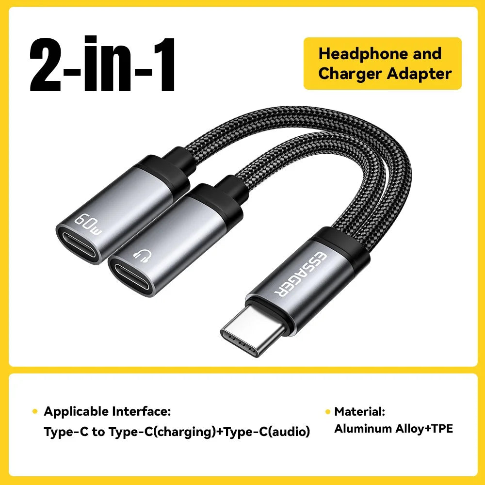 ESSAGER ES-YP25 Audio Charging Adapter Cable Type-C to Type-C + Type-C for Simultaneous Charging / Listening - 2