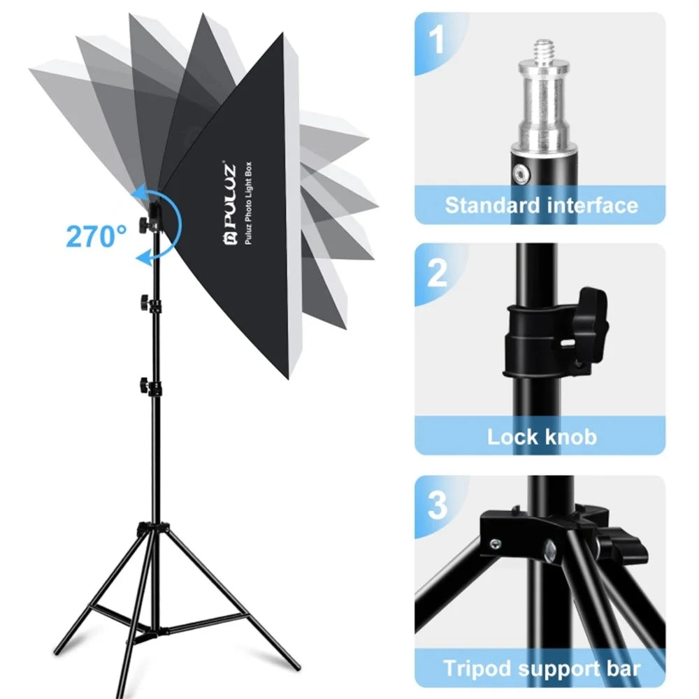 PULUZ PKT3133 2 Sets For Studio Photography 50 x 70cm Softbox with 30W E27 LED Bulb and Adjustable Tripod Stand - UK Plug - 2