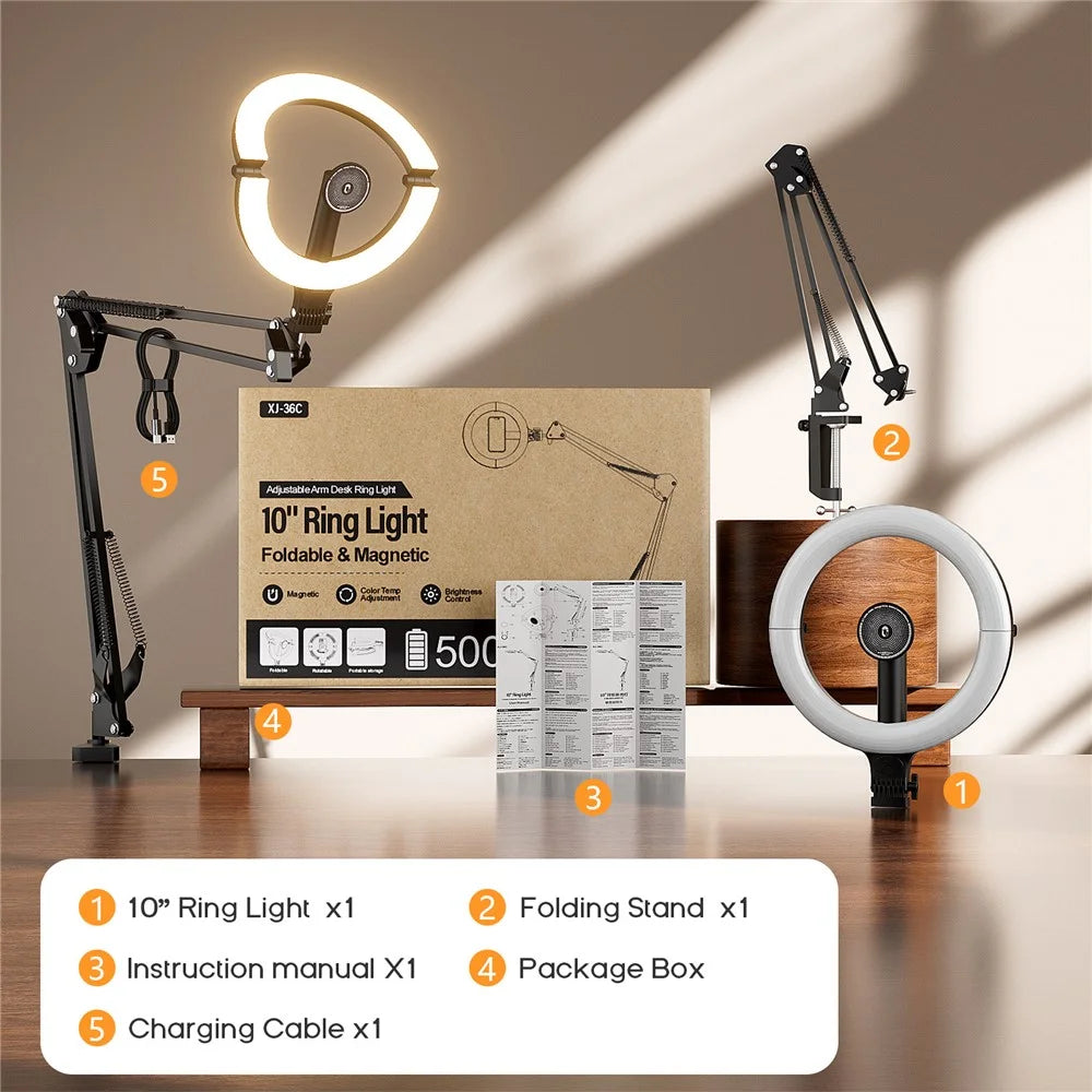XJ36C 10 Inch Ring Light Fill Lamp with Magnetic Phone Holder Folding Stand, Overhead Shooting Kit - White - 5