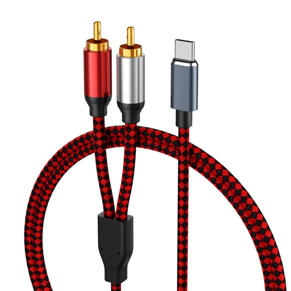 1m USB Type-C to 2 RCA Male Gold Plated Jack Audio Cable for Mobile Phone Tablet Connection to Speaker/Amplifier - 1