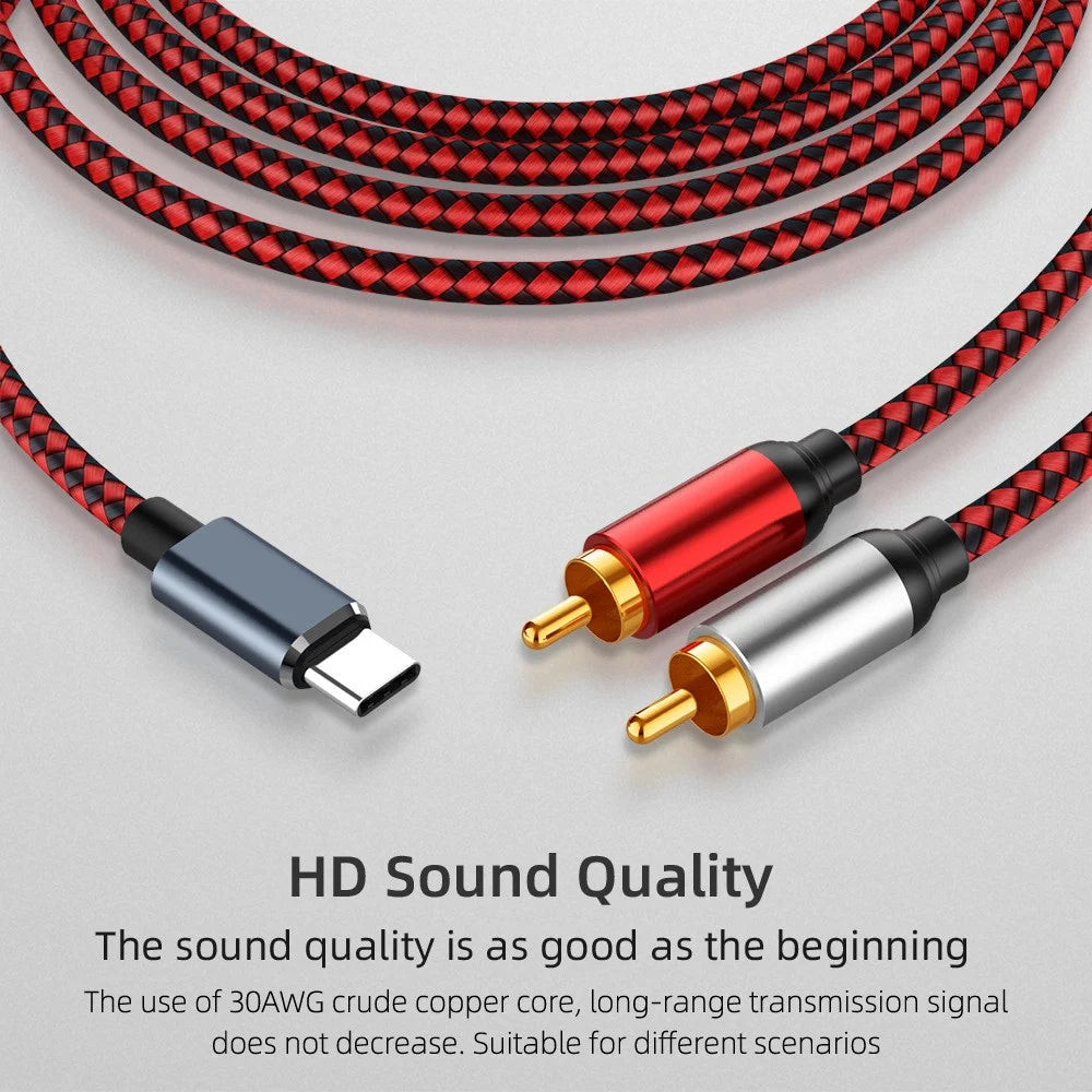 1m USB Type-C to 2 RCA Male Gold Plated Jack Audio Cable for Mobile Phone Tablet Connection to Speaker/Amplifier - 5