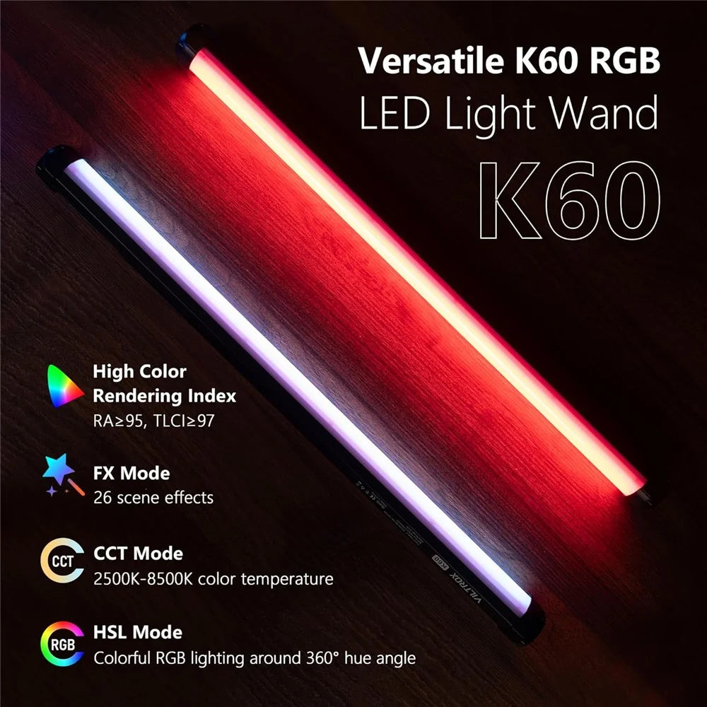 VILTROX K60 22.8 Inch RGB LED Video Light Stick 2500K - 8500K APP Control Light Wand for Live Streaming / Photography - 6