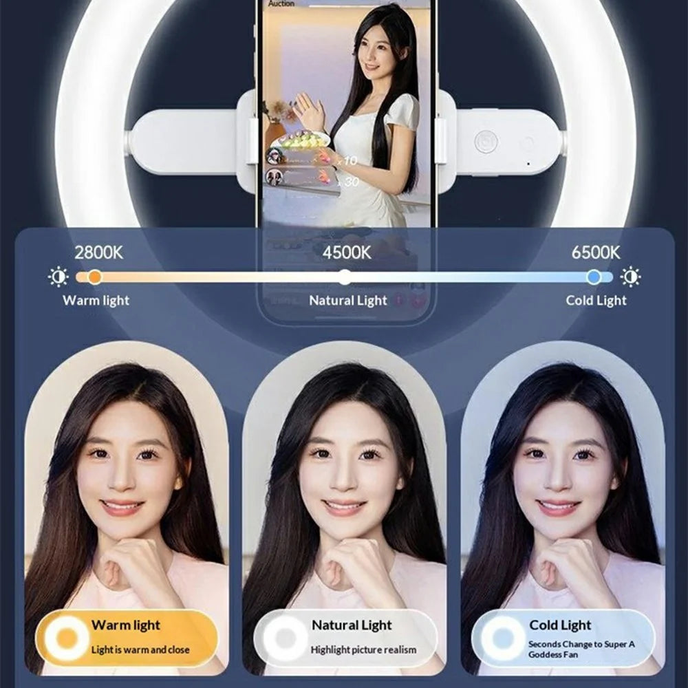 R10 360° Rotatable Clip Ring Fill Light Live Streaming Stand Rechargeable 3 Color Temperature Lighting Integrated Phone Stand - 3